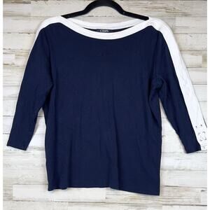 Chaps Women’s 1X Navy Blue White Knit 3/4 Sleeve Boatneck Lace Up Blouse Top